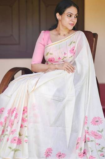 white pink color linen flower printed sarees