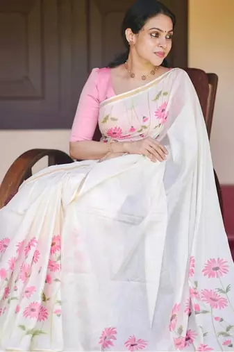 white pink color linen flower printed sarees