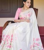 white pink color linen flower printed sarees
