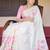 white pink color linen flower printed sarees