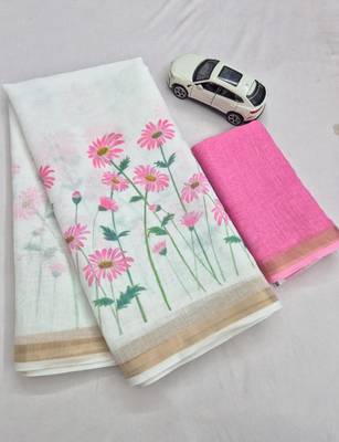 white pink color linen flower printed sarees 4