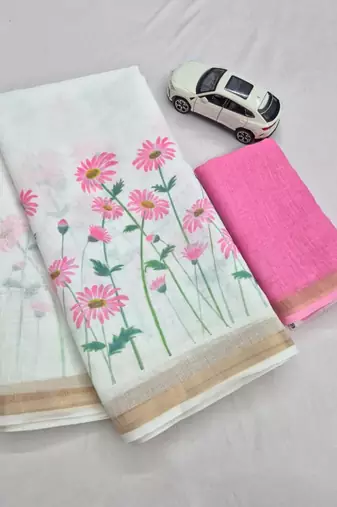 white pink color linen flower printed sarees