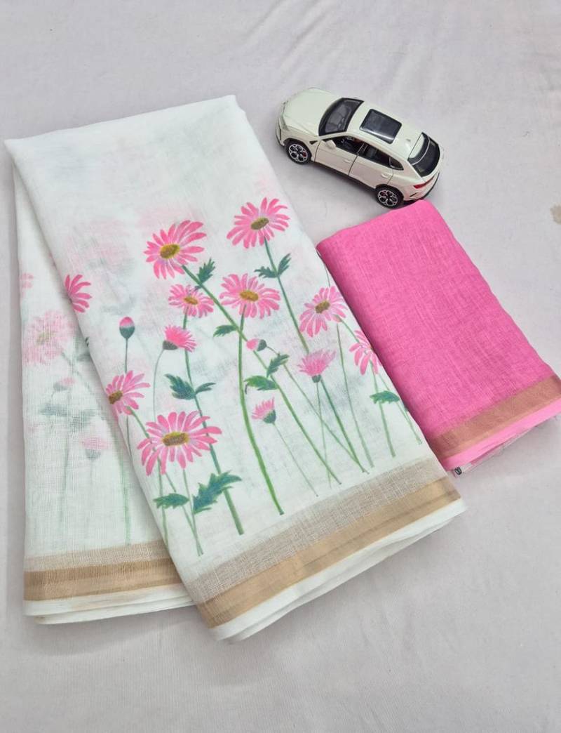 white pink color linen flower printed sarees