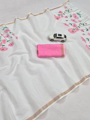 white pink color linen flower printed sarees 5