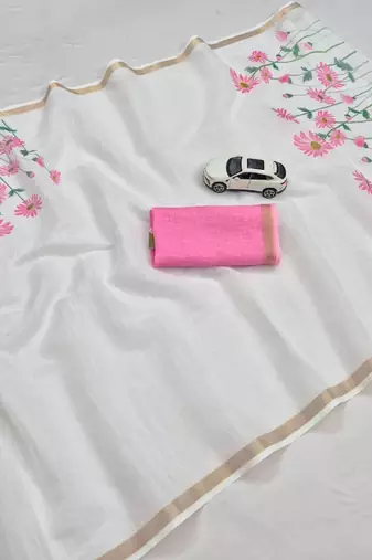 white pink color linen flower printed sarees