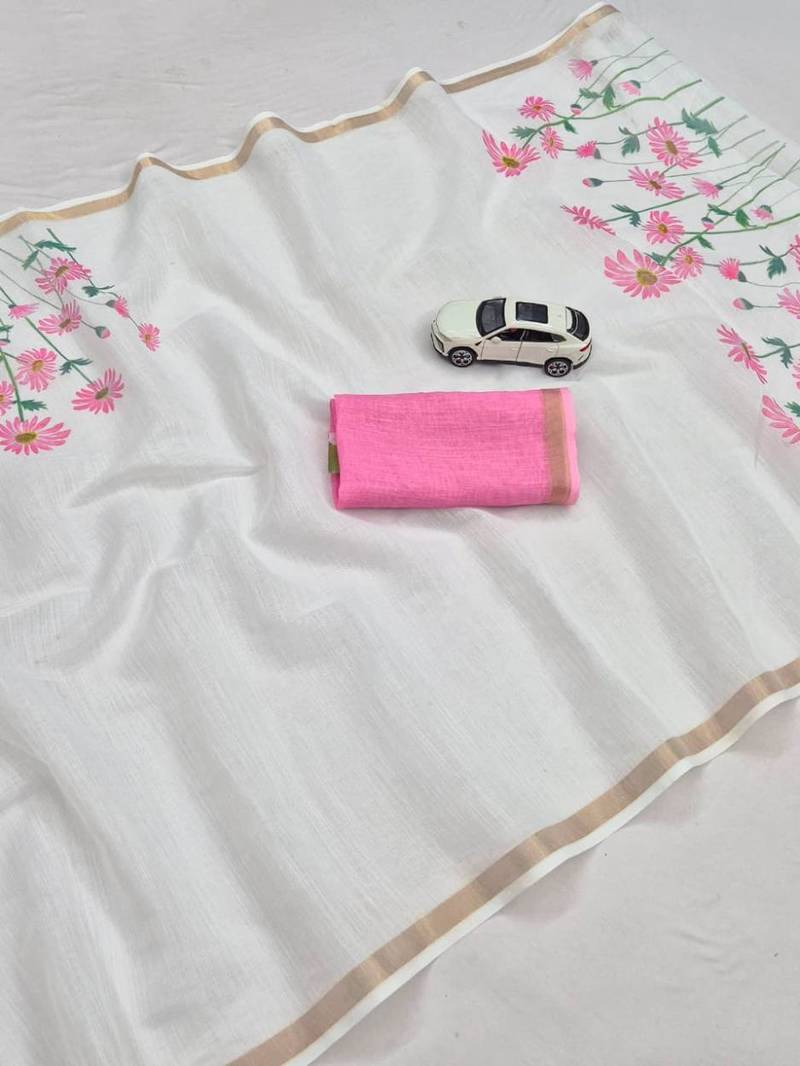 white pink color linen flower printed sarees