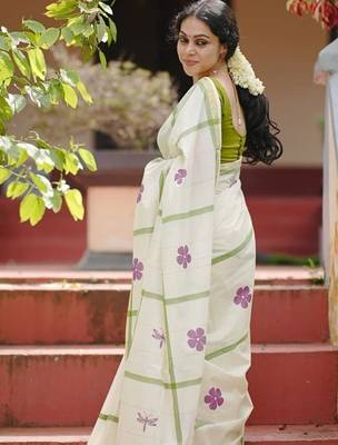 white green color linen flower printed sarees 1