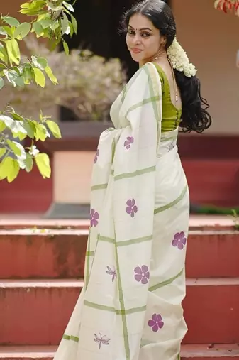 white green color linen flower printed sarees