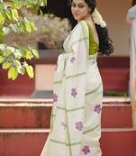 white green color linen flower printed sarees