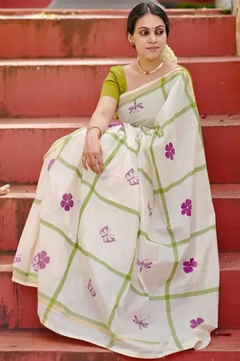 white green color linen flower printed sarees