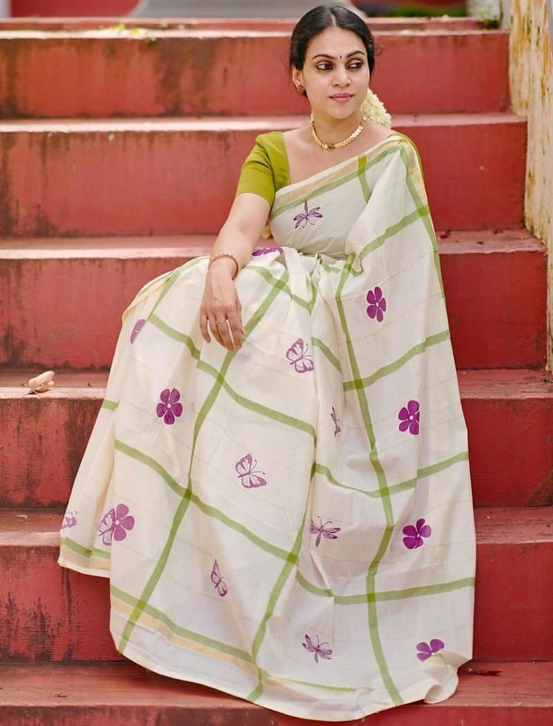 white green color linen flower printed sarees