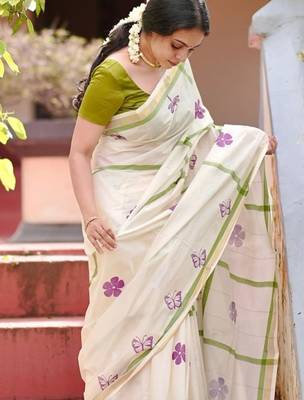 white green color linen flower printed sarees 3