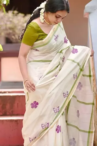 white green color linen flower printed sarees