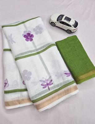 white green color linen flower printed sarees 4