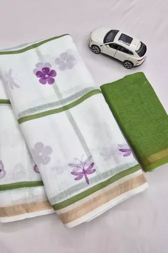 white green color linen flower printed sarees