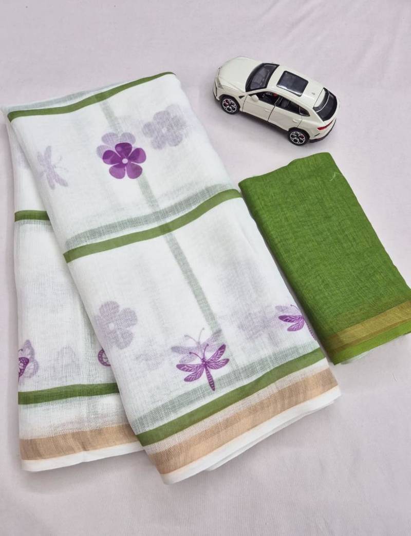white green color linen flower printed sarees
