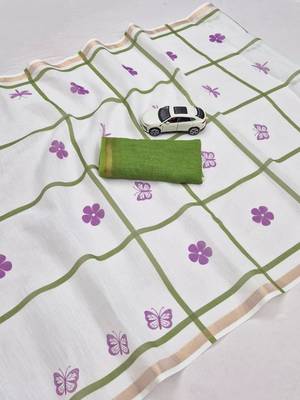 white green color linen flower printed sarees 5