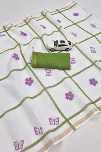 white green color linen flower printed sarees
