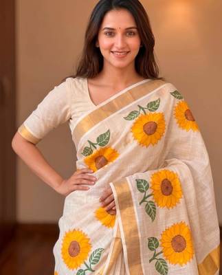 light chiku color yellow flower printed linen sarees 1