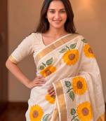 light chiku color yellow flower printed linen sarees