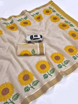 light chiku color yellow flower printed linen sarees 2