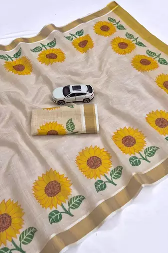 light chiku color yellow flower printed linen sarees
