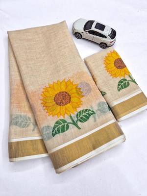 light chiku color yellow flower printed linen sarees 3