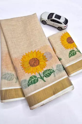 light chiku color yellow flower printed linen sarees