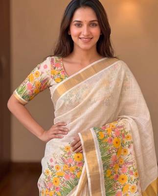 light chiku green yellow  flower printed linen sarees 1