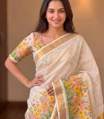 light chiku green yellow  flower printed linen sarees