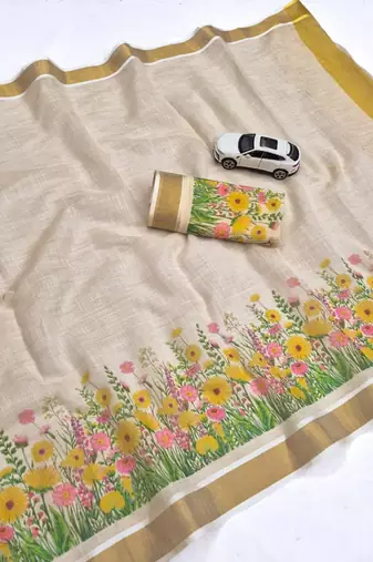light chiku green yellow  flower printed linen sarees