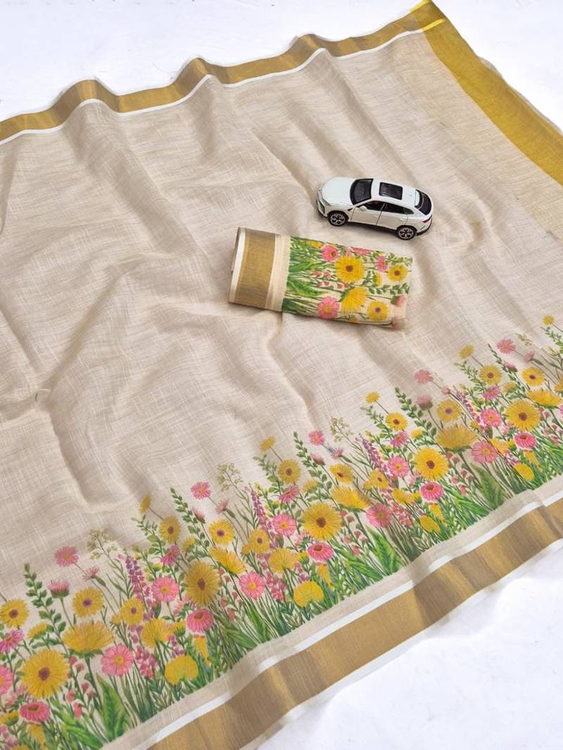 light chiku green yellow  flower printed linen sarees