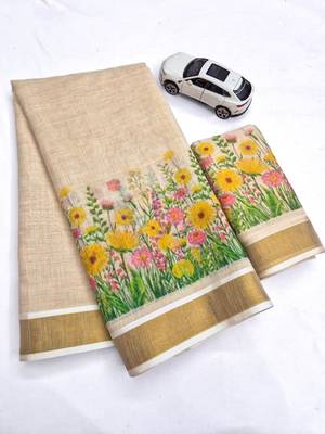 light chiku green yellow  flower printed linen sarees 3