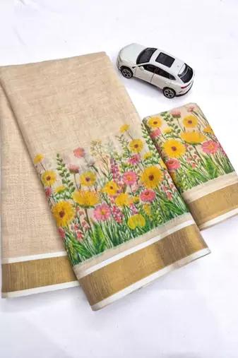 light chiku green yellow  flower printed linen sarees