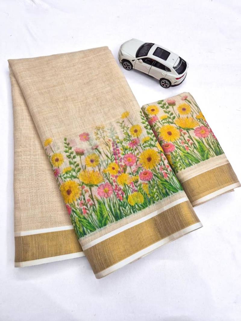 light chiku green yellow  flower printed linen sarees