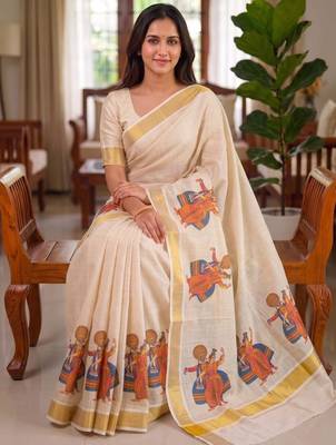 light chiku  digital printed linen sarees 1