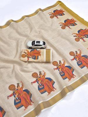 light chiku  digital printed linen sarees 2