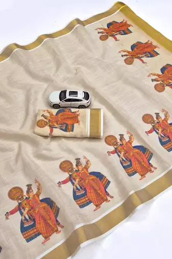 light chiku  digital printed linen sarees