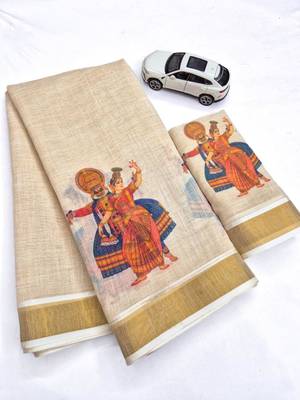 light chiku  digital printed linen sarees 3