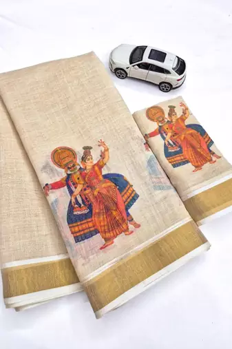 light chiku  digital printed linen sarees