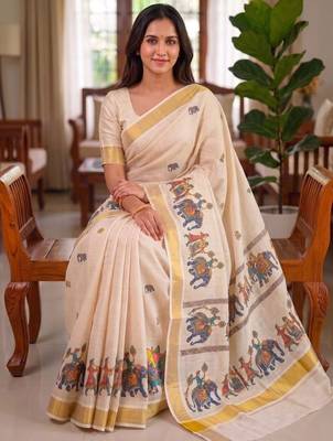 light chiku  digital printed linen sarees 1