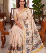 light chiku  digital printed linen sarees
