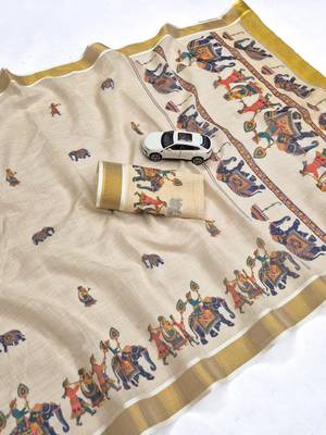 light chiku  digital printed linen sarees 2