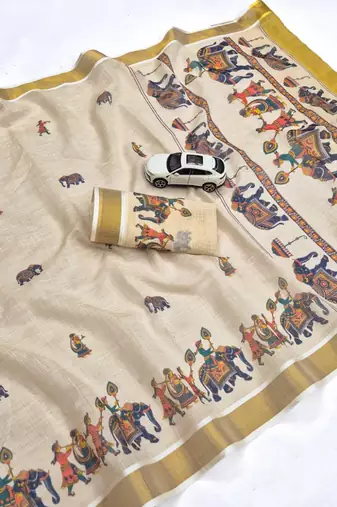 light chiku  digital printed linen sarees