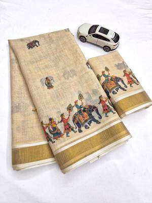 light chiku  digital printed linen sarees 3