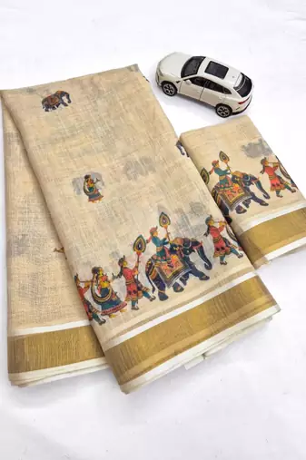light chiku  digital printed linen sarees