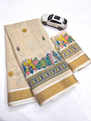 light chiku  digital printed linen sarees 2