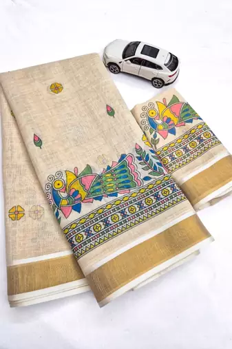 light chiku  digital printed linen sarees