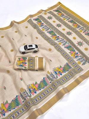 light chiku  digital printed linen sarees 3