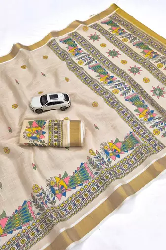 light chiku  digital printed linen sarees